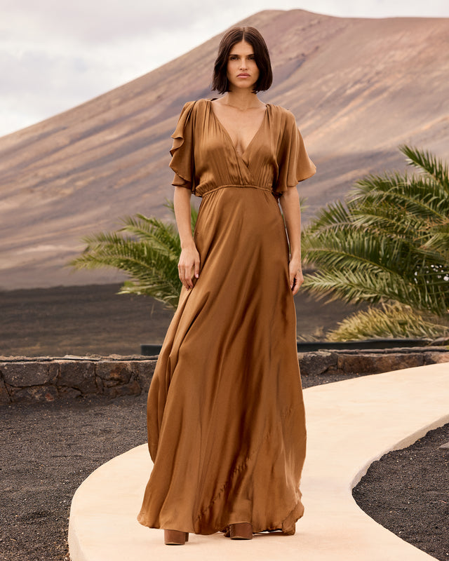 Robe longue fluide en satin – Caramel - Robes Mes Demoiselles - Image 1