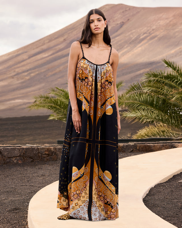 Robe longue bretelles imprimé placé – Noir et ocre - Robes Mes Demoiselles - Image 1