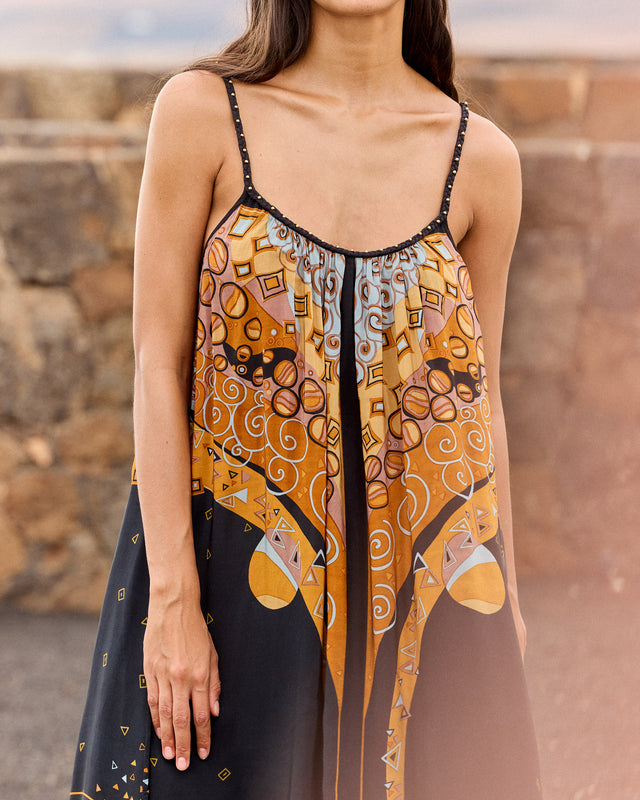 Robe longue bretelles imprimé placé – Noir et ocre - Robes Mes Demoiselles - Image 2