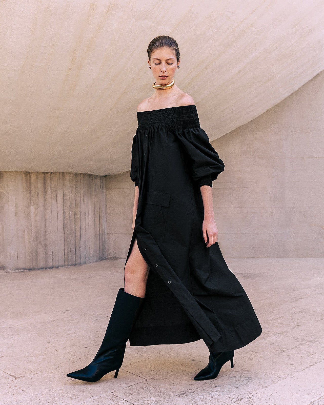 Robe Parimar - Noir : Robe longue noire en popeline de coton craquante Mes Demoiselles - Image 5