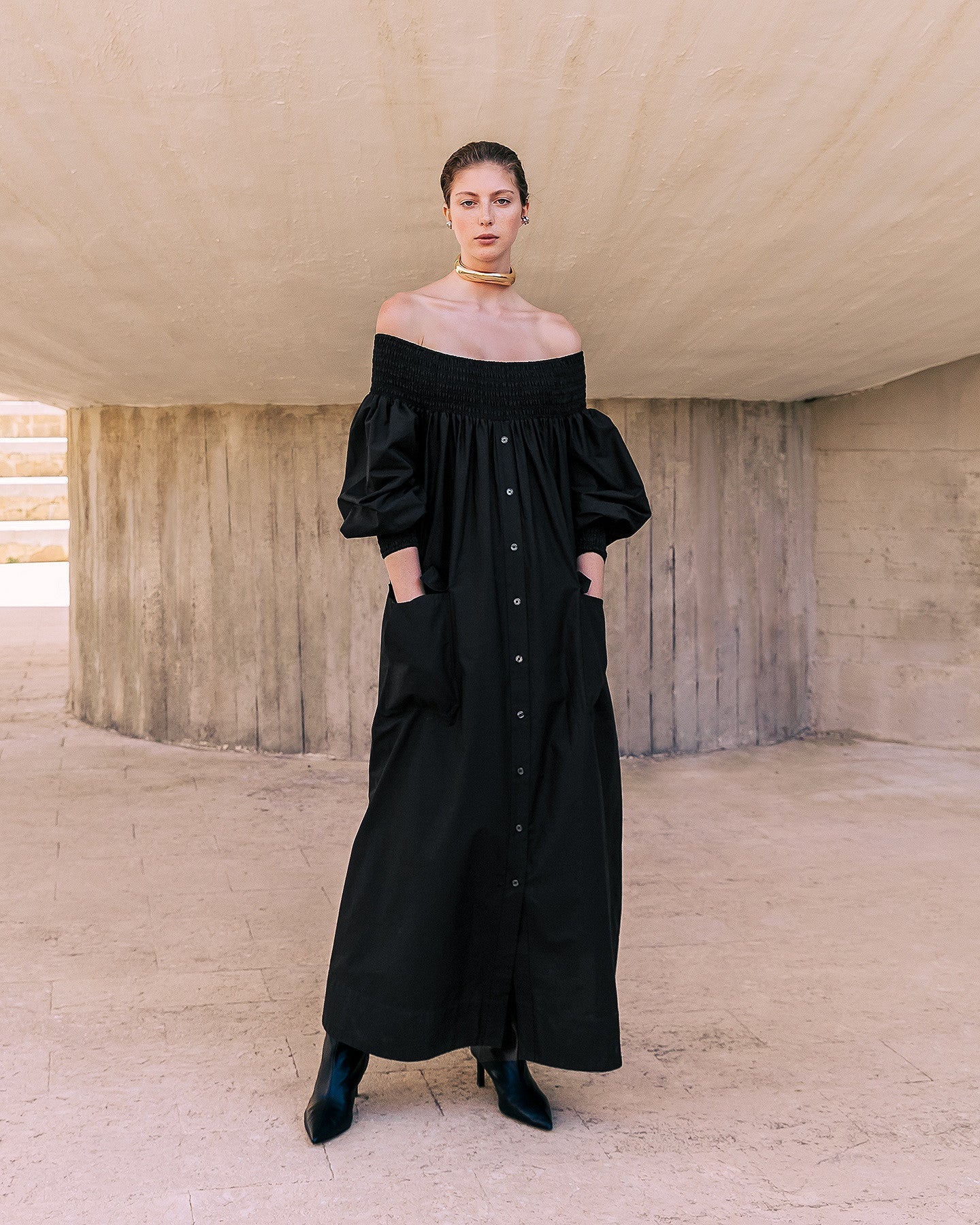 Robe longue noire en popeline de coton craquante - Robes Mes Demoiselles