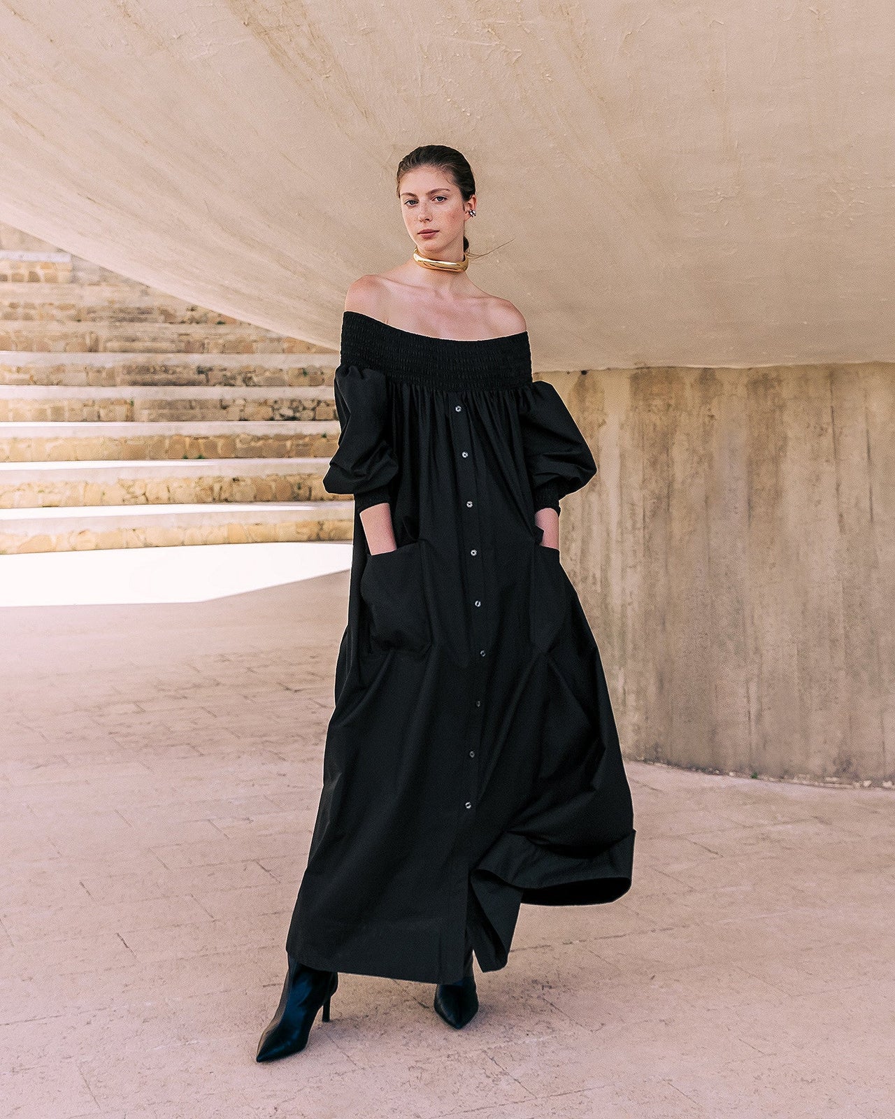 Robe Parimar - Noir : Robe longue noire en popeline de coton craquante Mes Demoiselles - Image 7