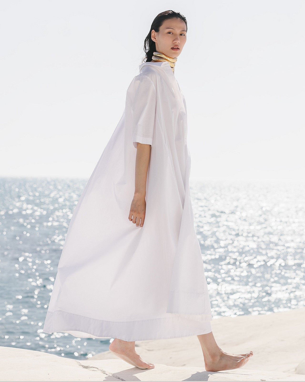Longue robe en gabardine blanche de coton craquante - Robes Mes Demoiselles - Image 1