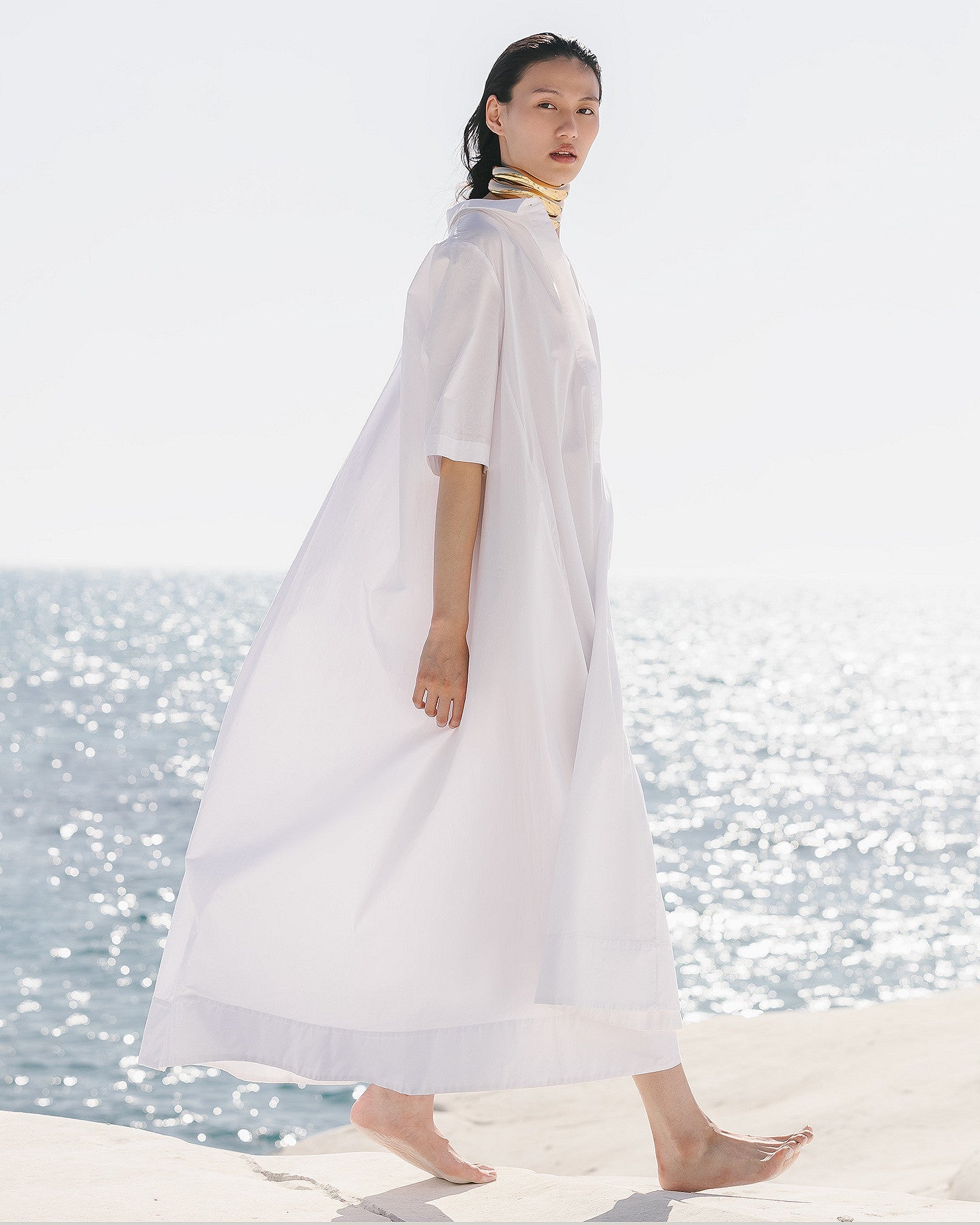 Longue robe en gabardine blanche de coton craquante - Robes Mes Demoiselles