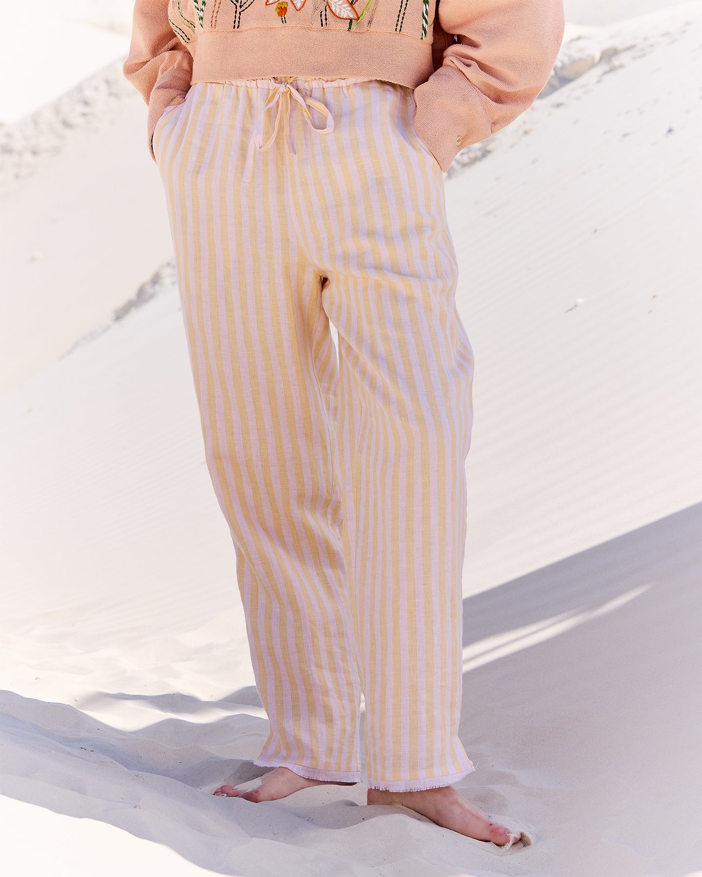 Pantalon en lin rayé jaune et beige - Pantalons & combinaisons Mes Demoiselles