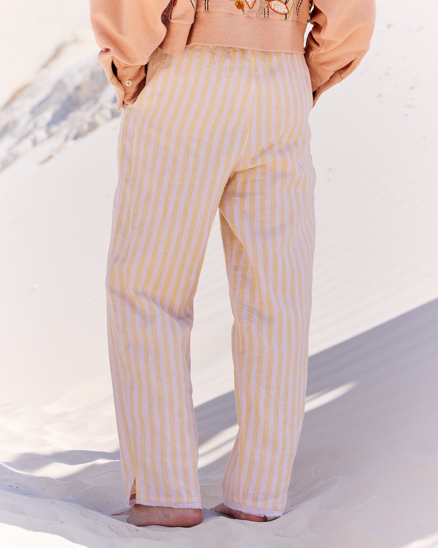 Pantalon Sage - Beige : Pantalon en lin rayé jaune et beige Mes Demoiselles