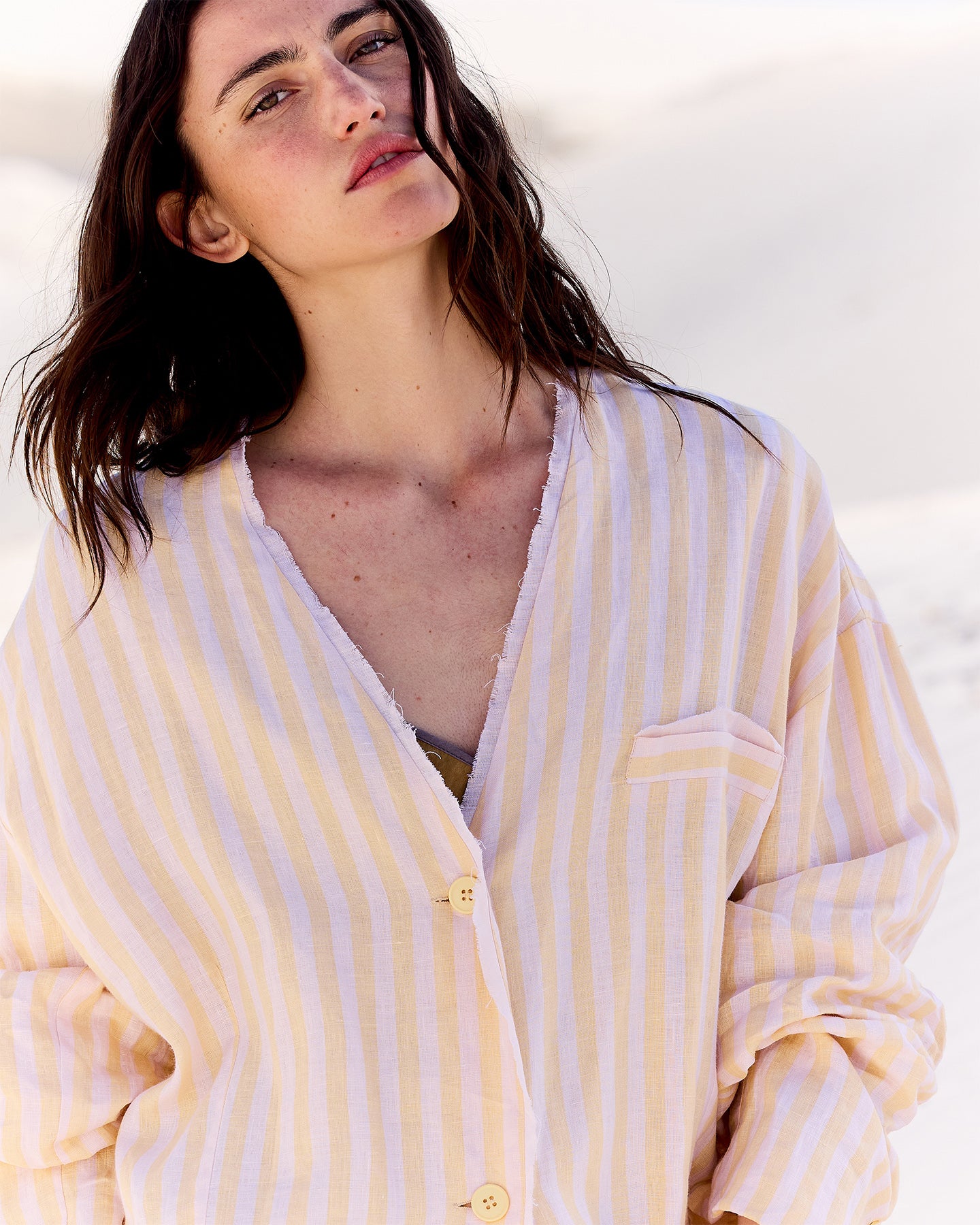 Veste Stella - Beige : Veste élégante en gaze de lin rayé jaune et beige Mes Demoiselles