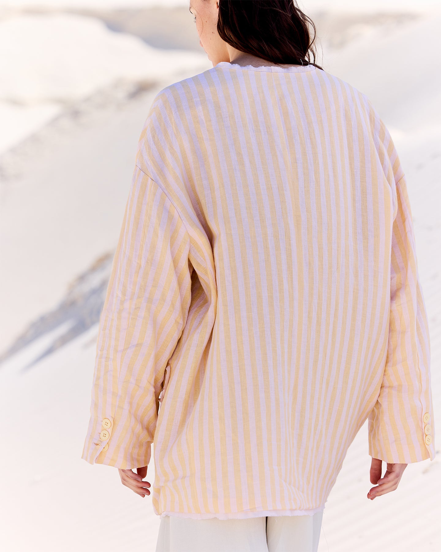 Veste Stella - Beige : Veste élégante en gaze de lin rayé jaune et beige Mes Demoiselles