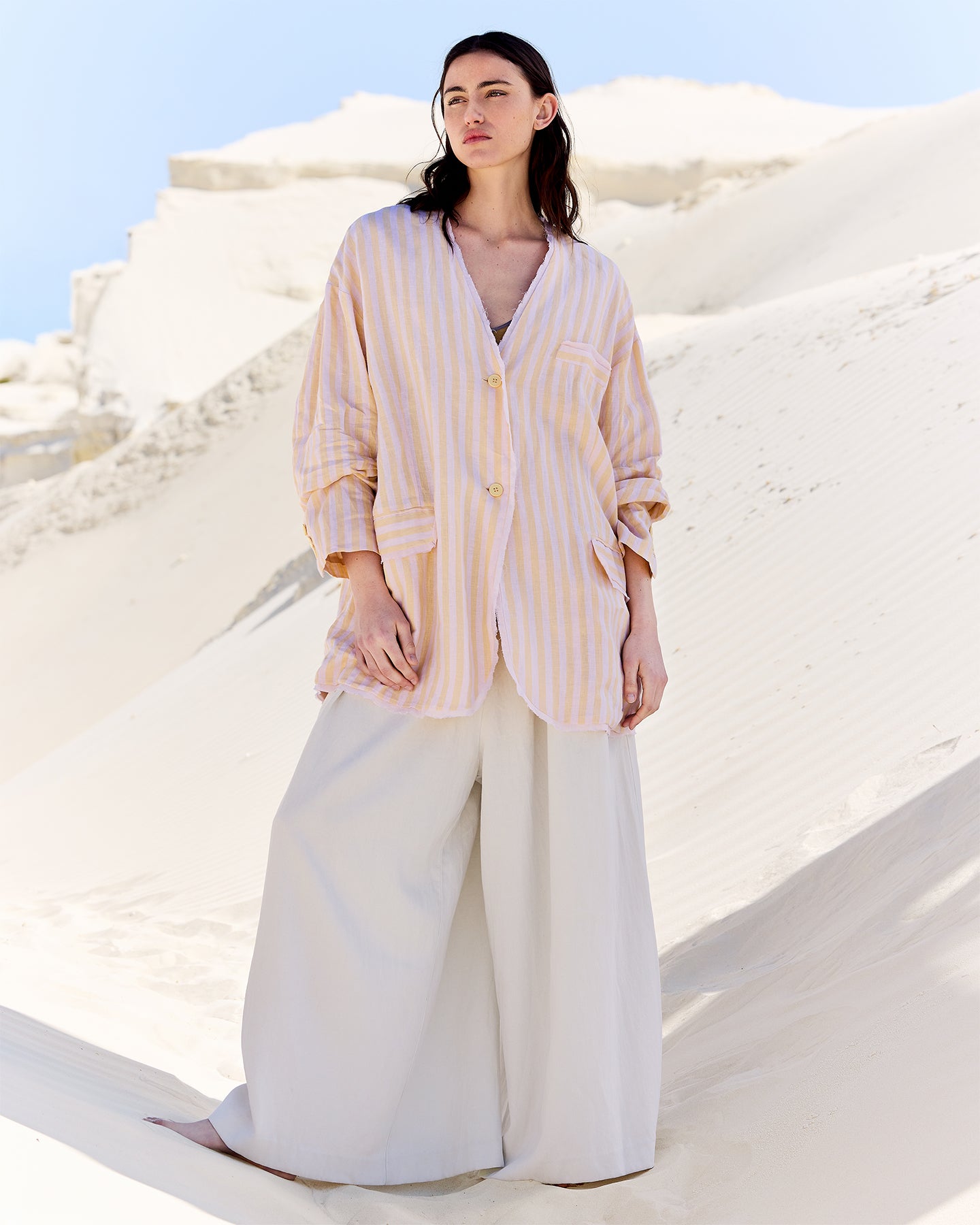 Veste élégante en gaze de lin rayé jaune et beige - Manteaux & vestes Mes Demoiselles