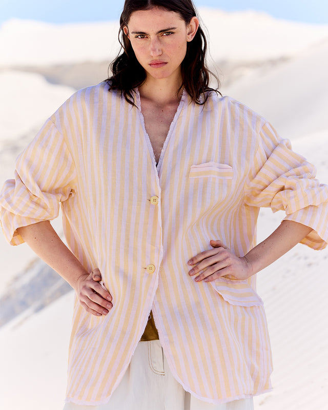 Veste Stella - Beige : Veste élégante en gaze de lin rayé jaune et beige Mes Demoiselles - Image 3