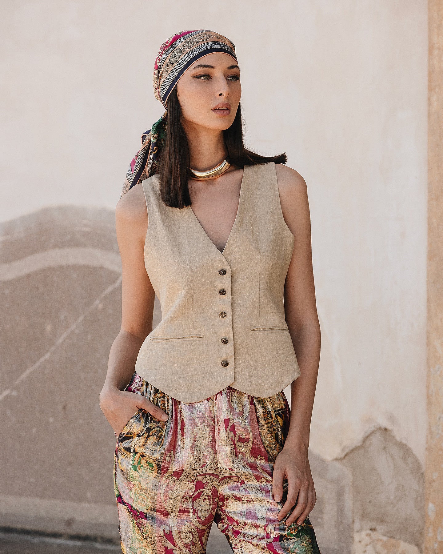Veste Garbo - Beige : Gilet en lin tissé lurex doré Mes Demoiselles